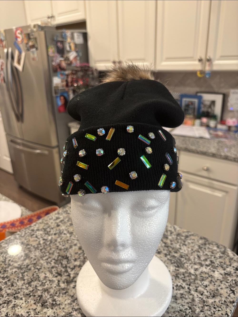 Black Faux Fur Pom Pom Beanie with Iridescent Gems